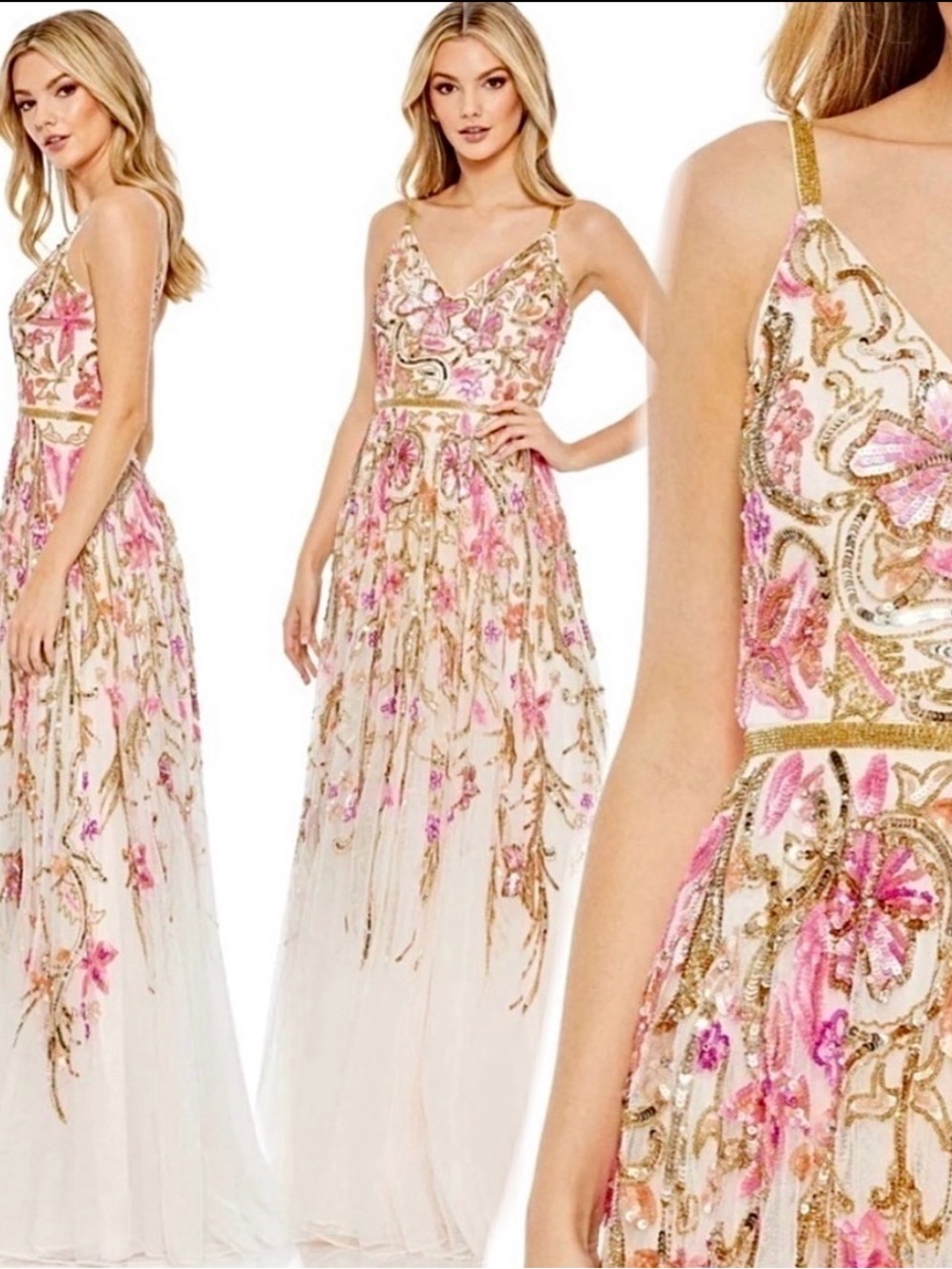 Mac Duggal V Neck Floral Embellished Spaghetti Strap Gown Size 12 New $698